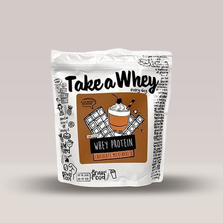 Recipient de 907g de proteină din zer Take-A-Whey, marca Take a Whey. Chocolate.