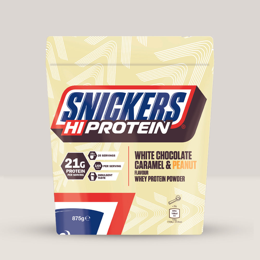 Recipient de pudră proteică Snickers Hi-Protein cu aromă de ciocolată albă, 875g.