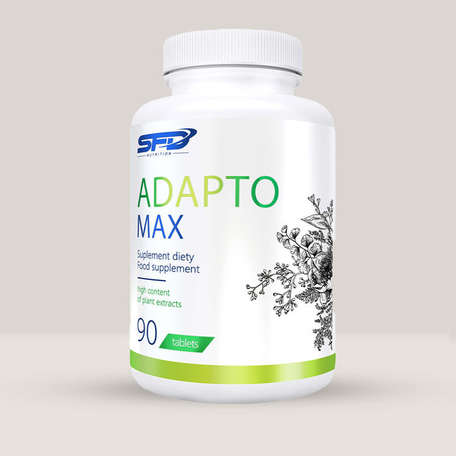 Imagine cu o cutie de SFD Adapto Max (90 tablete) de la SFD Nutrition, un supliment cu adaptogeni pentru energie și rezistență la stres.