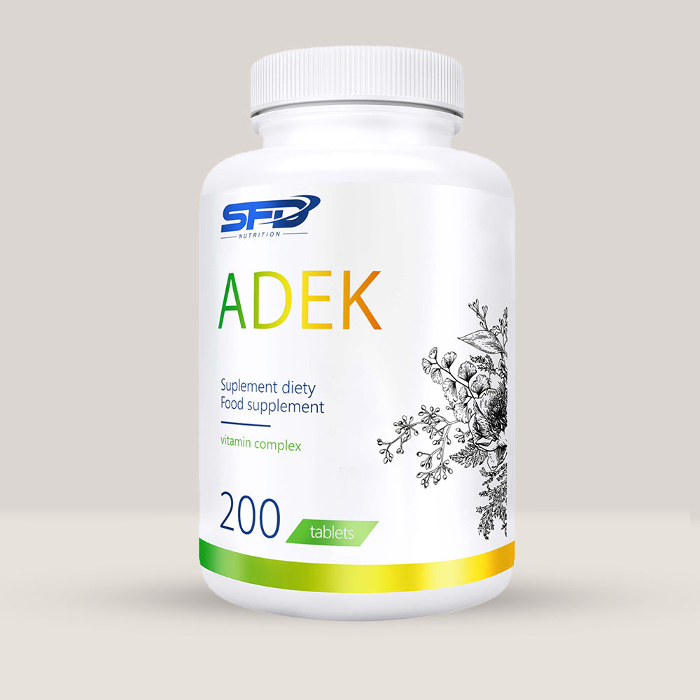 Imagine cu o cutie de SFD ADEK (200 tablete) de la SFD Nutrition, un complex de vitamine A, D, E și K pentru sănătate optimă.