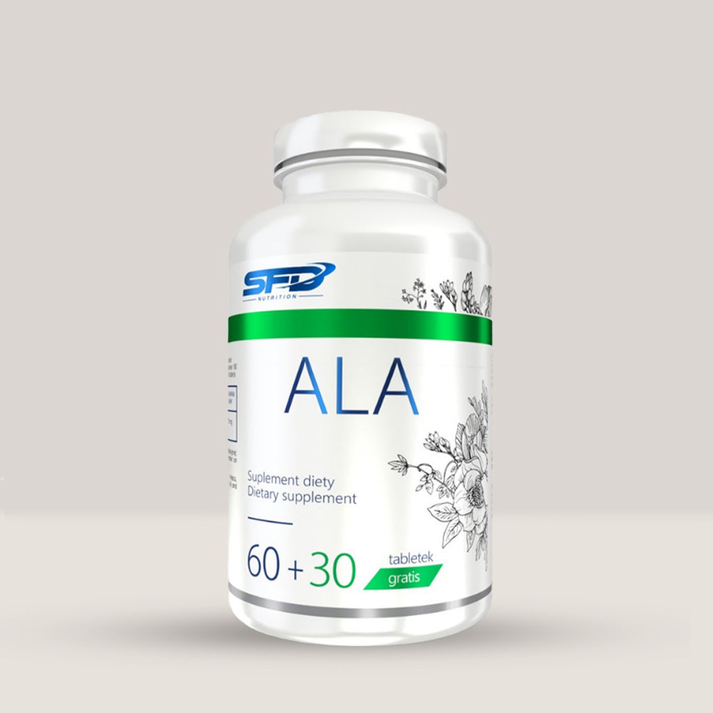 Imagine cu o cutie de SFD ALA (Acid Alfa Lipoic) - 90 tablete (60 + 30 bonus) de la SFD Nutrition, un supliment antioxidant pentru sănătatea metabolică.