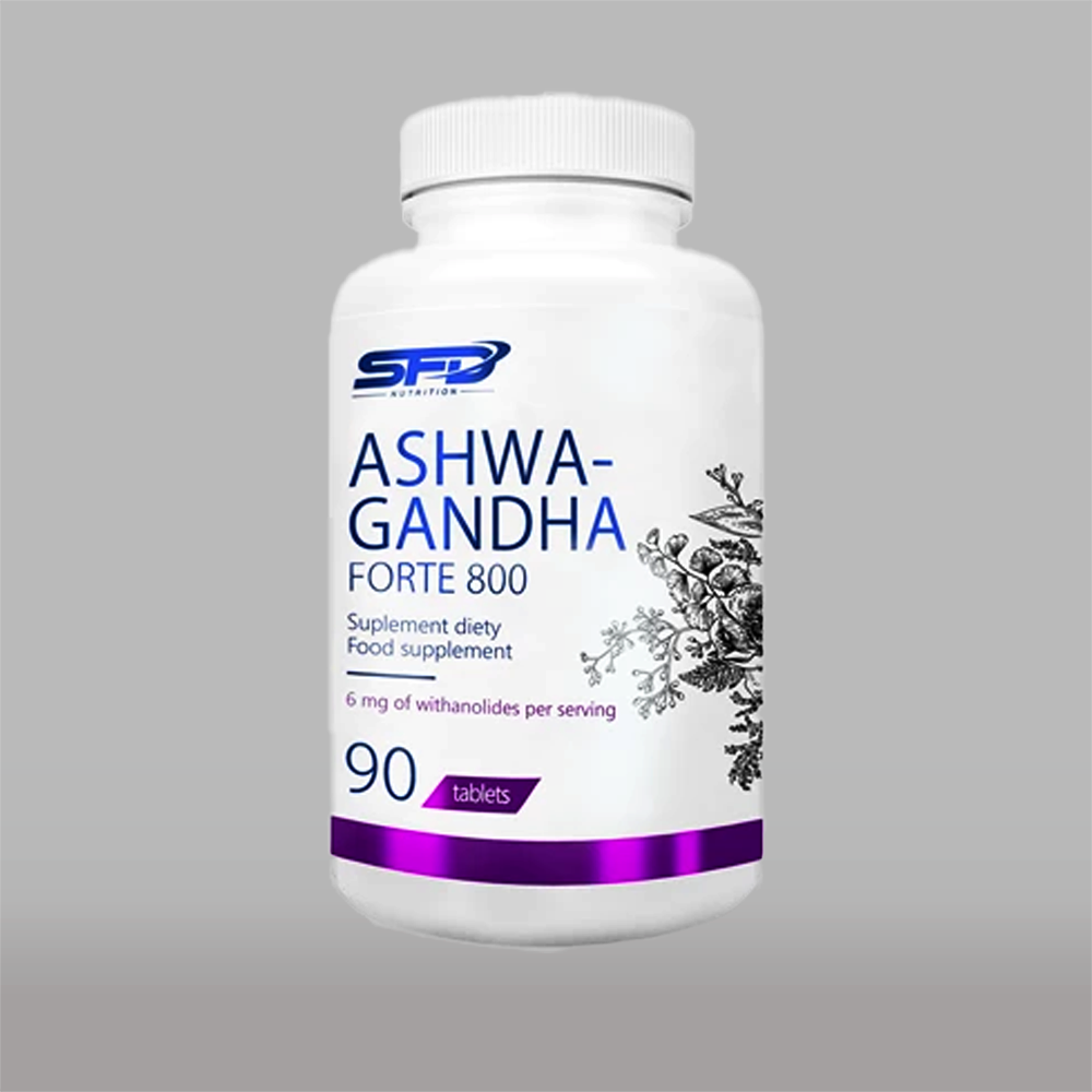 Imagine cu o cutie de SFD Ashwagandha Forte 800 (90 tablete) de la SFD Nutrition, un supliment cu extract concentrat de Ashwagandha pentru reducerea stresului și îmbunătățirea somnului.