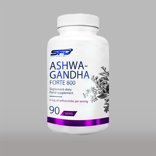 Imagine cu o cutie de SFD Ashwagandha Forte 800 (90 tablete) de la SFD Nutrition, un supliment cu extract concentrat de Ashwagandha pentru reducerea stresului și îmbunătățirea somnului.
