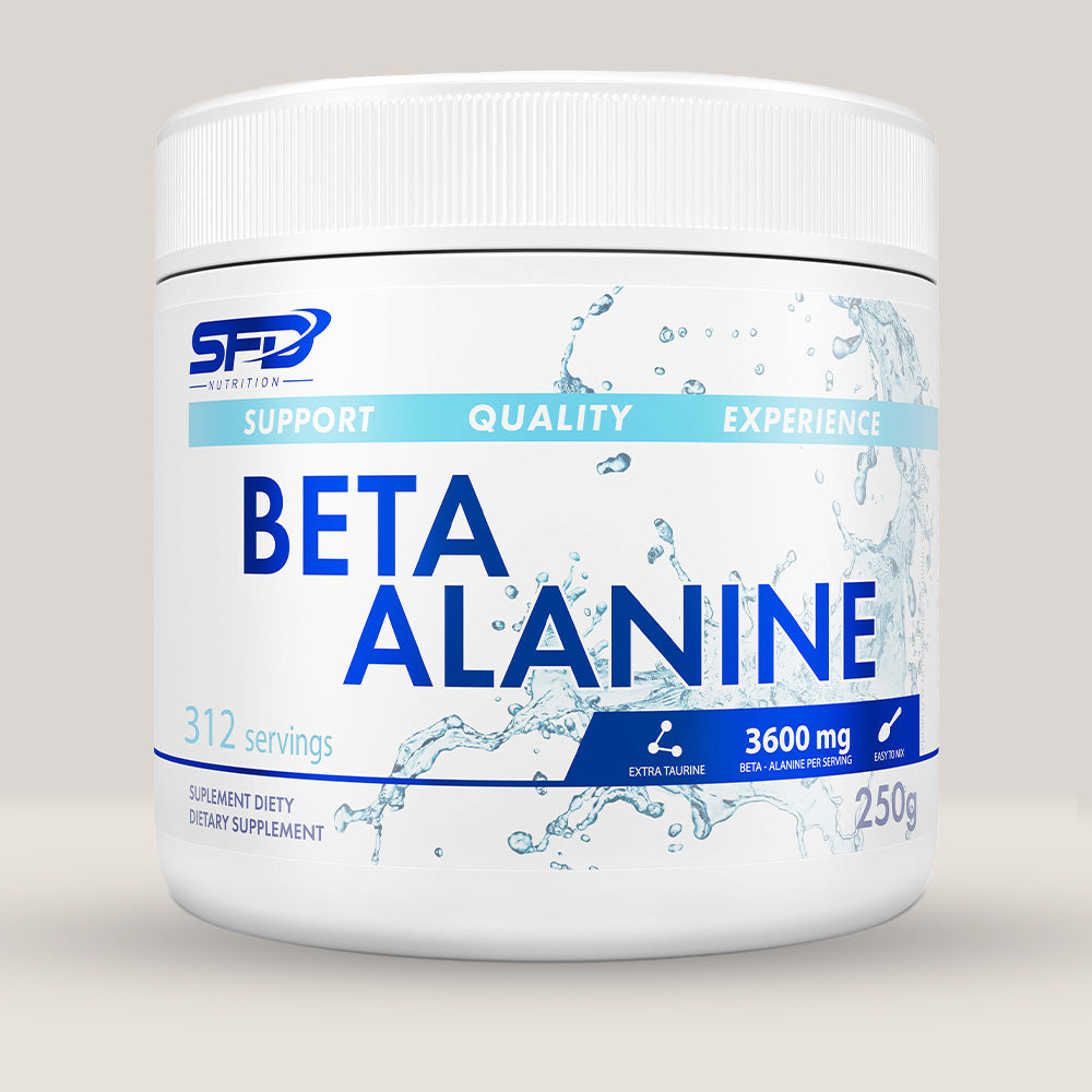 Imagine cu o cutie de SFD Beta Alanine REBREND (250g, 312 serviri) de la SFD Nutrition, un supliment cu beta-alanină pură pentru creșterea rezistenței.