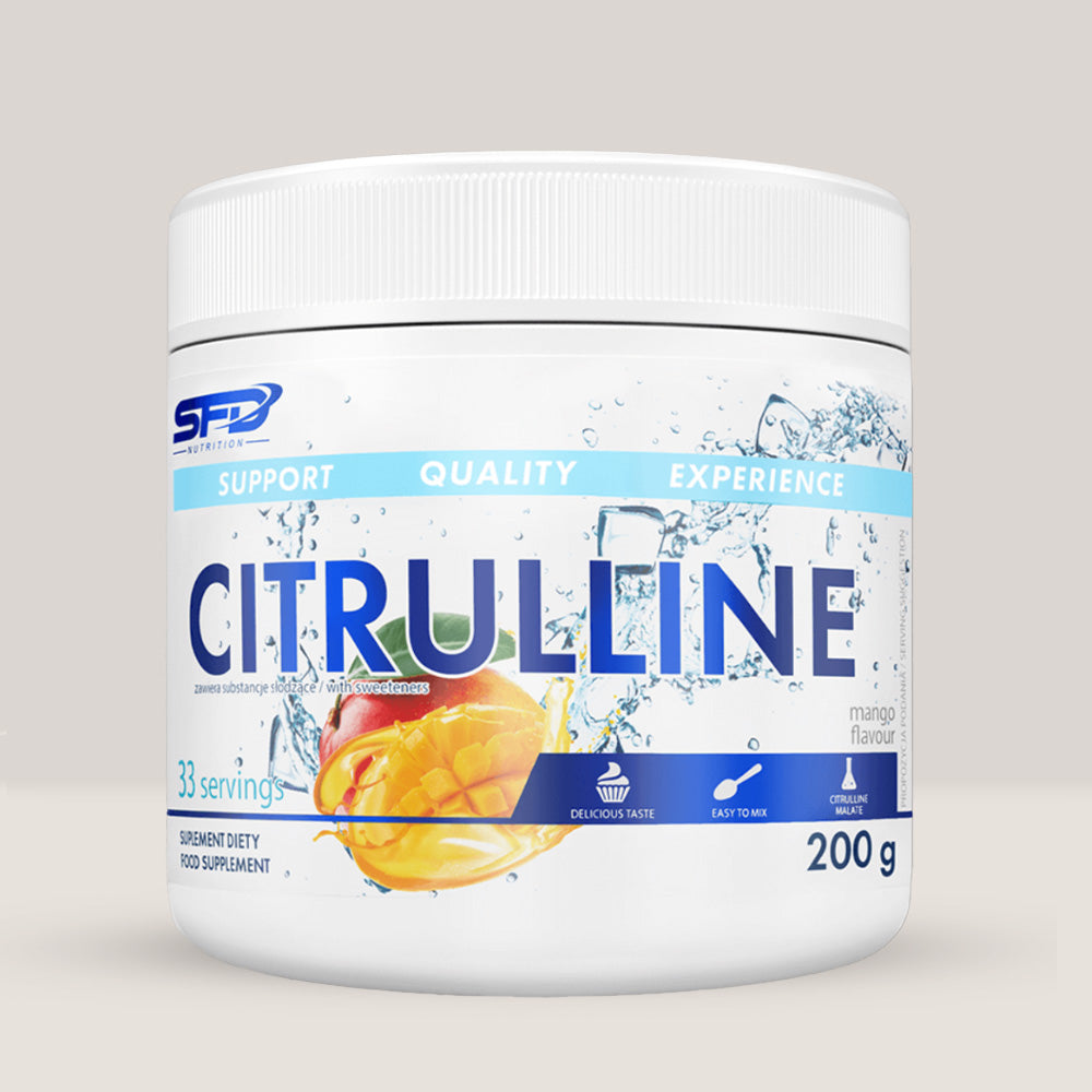 Imagine cu o cutie de SFD Citrulline (200g, 33 de serviri) de la SFD Nutrition, un supliment cu citrulină malat pentru pompare musculară.