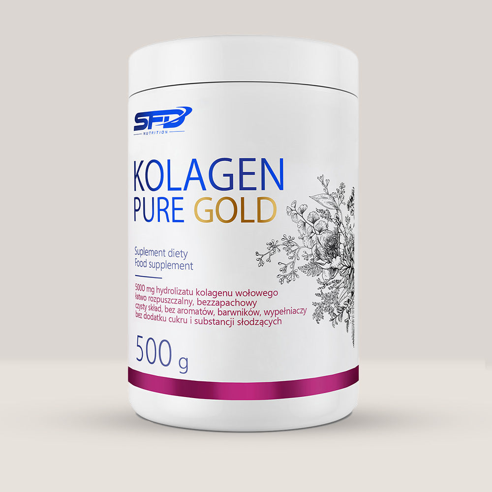 Imagine cu o cutie de SFD Collagen Pure Gold 500g (50 de serviri) de la SFD Nutrition, un supliment cu colagen hidrolizat pur pentru sănătatea pielii, părului, unghiilor și articulațiilor.