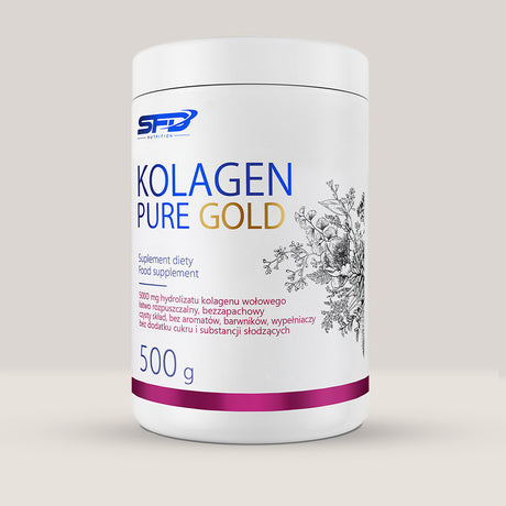 Imagine cu o cutie de SFD Collagen Pure Gold 500g (50 de serviri) de la SFD Nutrition, un supliment cu colagen hidrolizat pur pentru sănătatea pielii, părului, unghiilor și articulațiilor.