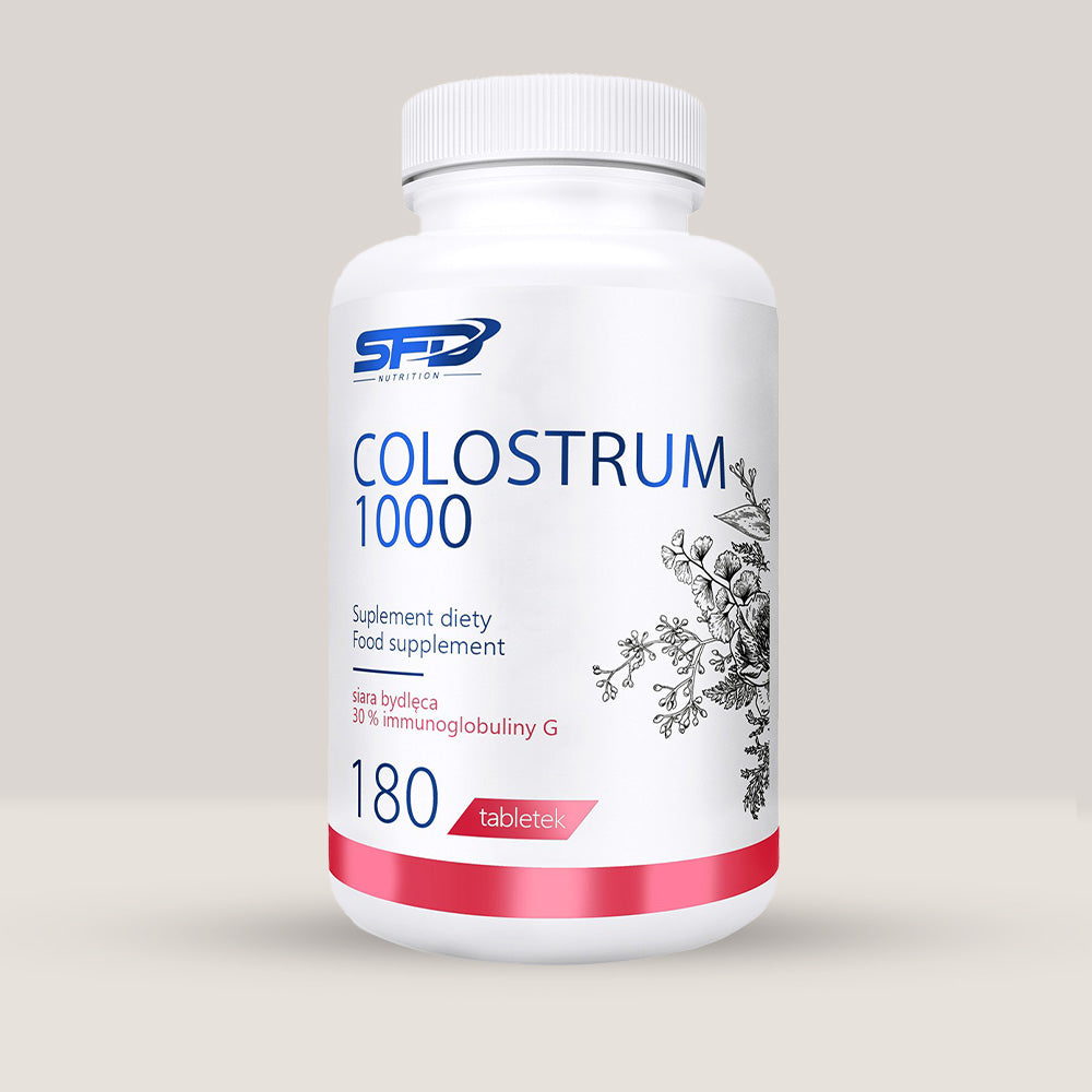 Imagine cu o cutie de SFD Colostrum 1000 (180 tablete) de la SFD Nutrition, un supliment cu colostru bovin pentru imunitate și sănătate digestivă.