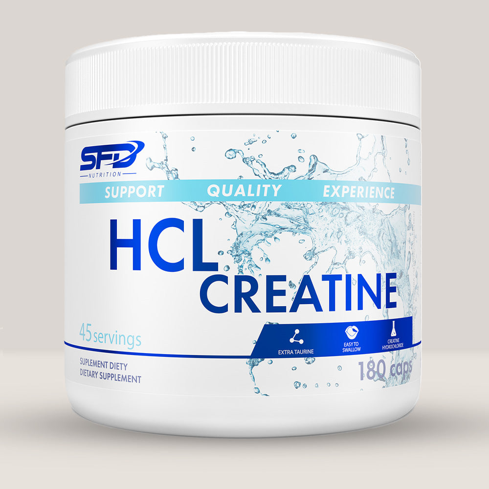 Imagine cu o cutie de SFD Creatine HCL (180 capsule, 45 de serviri) de la SFD Nutrition, un supliment cu clorhidrat de creatină pentru creșterea performanței.