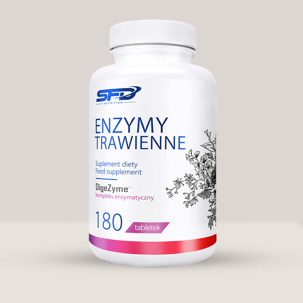 Imagine cu o cutie de SFD Digestive Enzymes (180 tablete) de la SFD Nutrition, un complex de enzime digestive pentru o digestie sănătoasă.