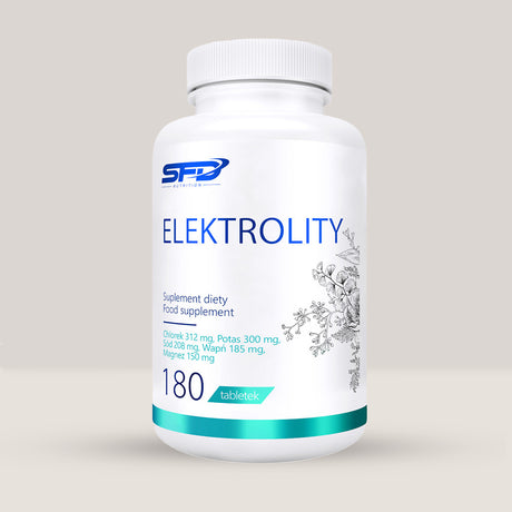 Imagine cu o cutie de SFD Electrolytes (180 tablete) de la SFD Nutrition, un complex de electroliți pentru hidratare și performanță.