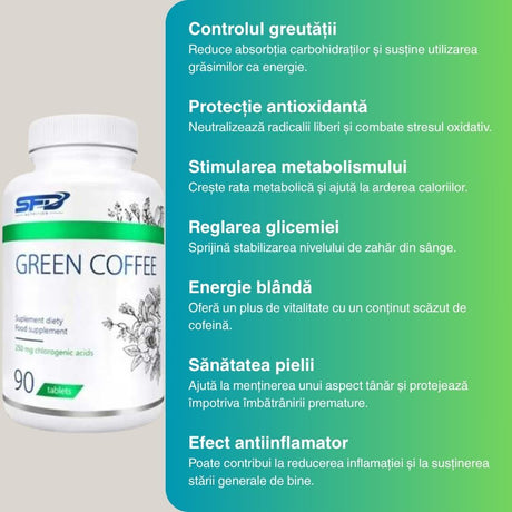 Siluetă ideală și energie radiantă cu extract de cafea verde SFD Nutrition. Metabolism echilibrat și protecție antioxidantă.