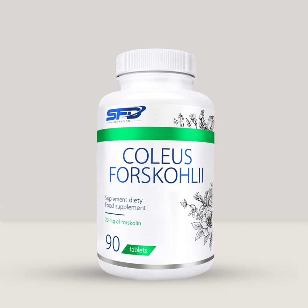 Imagine cu o cutie de SFD Extract Coleus Forskohlii (90 tablete) de la SFD Nutrition, un supliment cu extract de Coleus forskohlii pentru arderea grăsimilor.