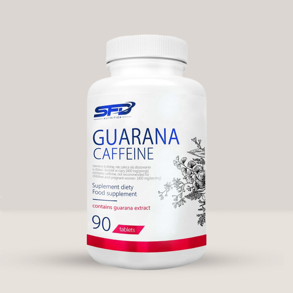Imagine cu o cutie de SFD Extract Guarana Caffeine (90 tablete) de la SFD Nutrition, un supliment cu extract natural de guarana și cafeină.