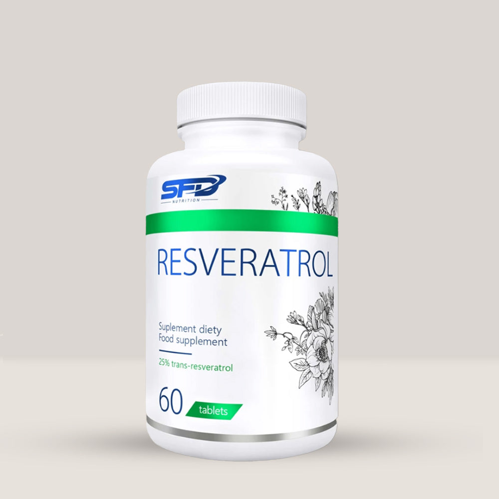 Imagine cu o cutie de SFD Extract Resveratrol (60 tablete) de la SFD Nutrition, un supliment cu resveratrol.