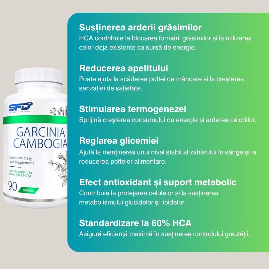 Siluetă ideală cu Garcinia Cambogia SFD (60% HCA). Gestionează-ți greutatea cu eleganță și încredere.