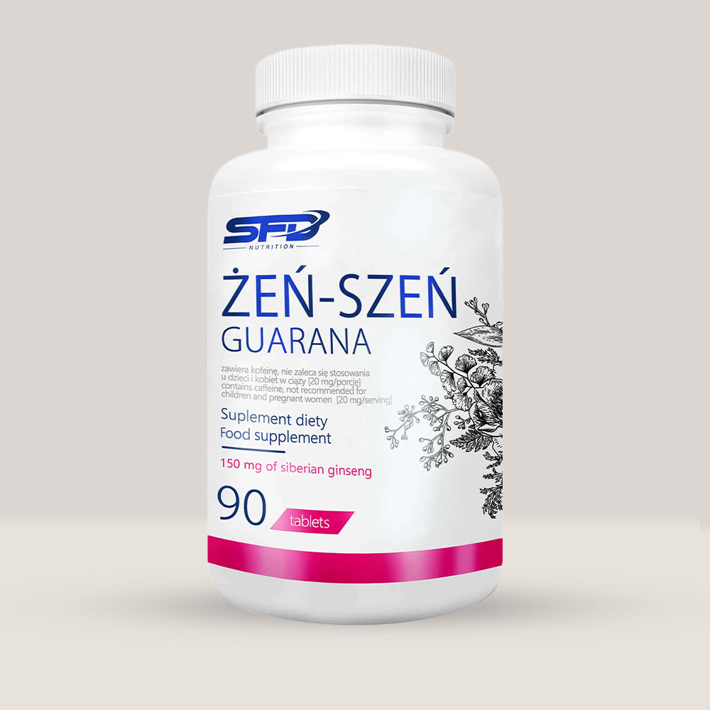 Imagine cu o cutie de SFD Ginseng Guarana (90 tablete) de la SFD Nutrition, un supliment energizant cu ginseng siberian și guarana.