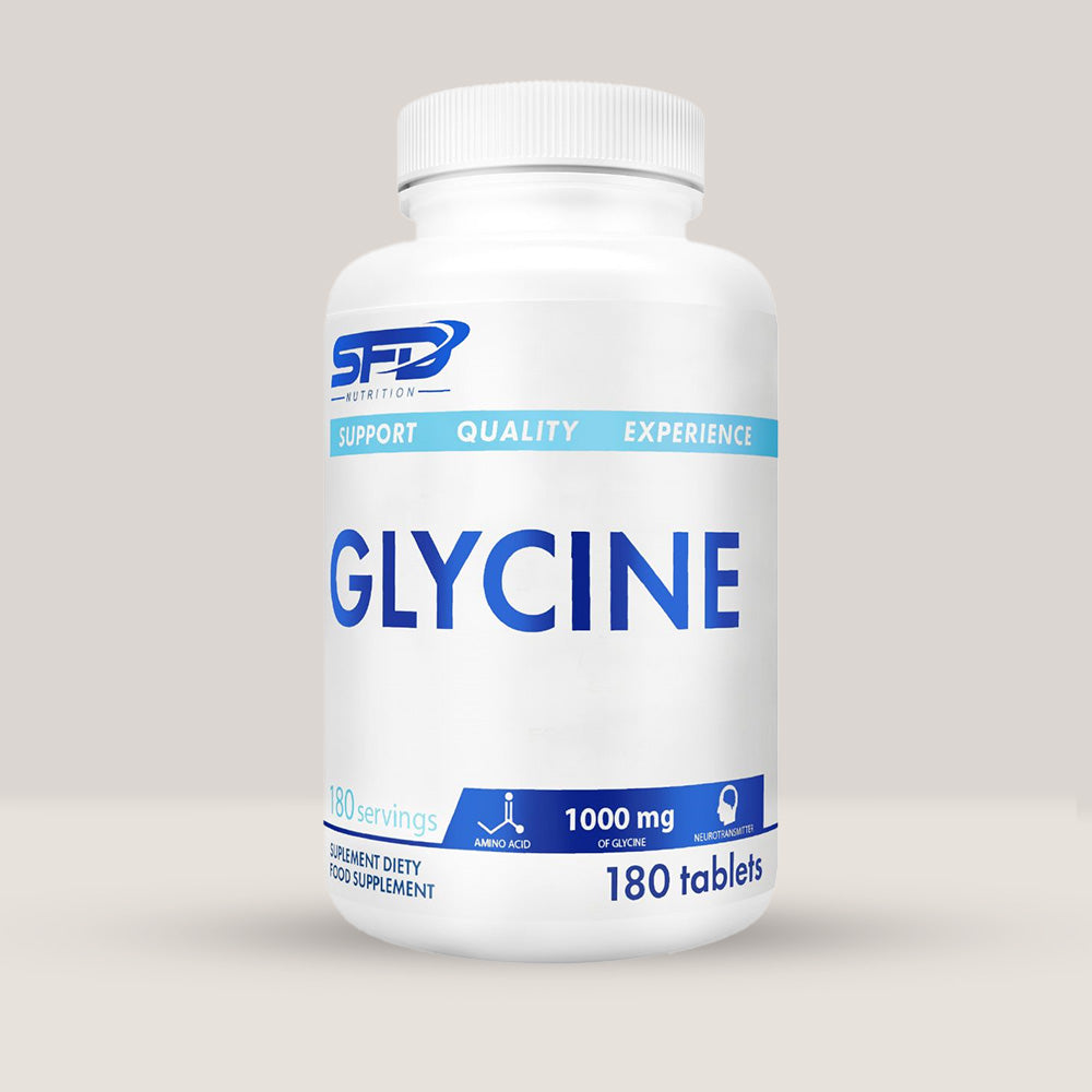 Imagine cu o cutie de SFD Glycine (180 serviri) de la SFD Nutrition, un supliment cu glicină pură pentru regenerare musculară și îmbunătățirea somnului.