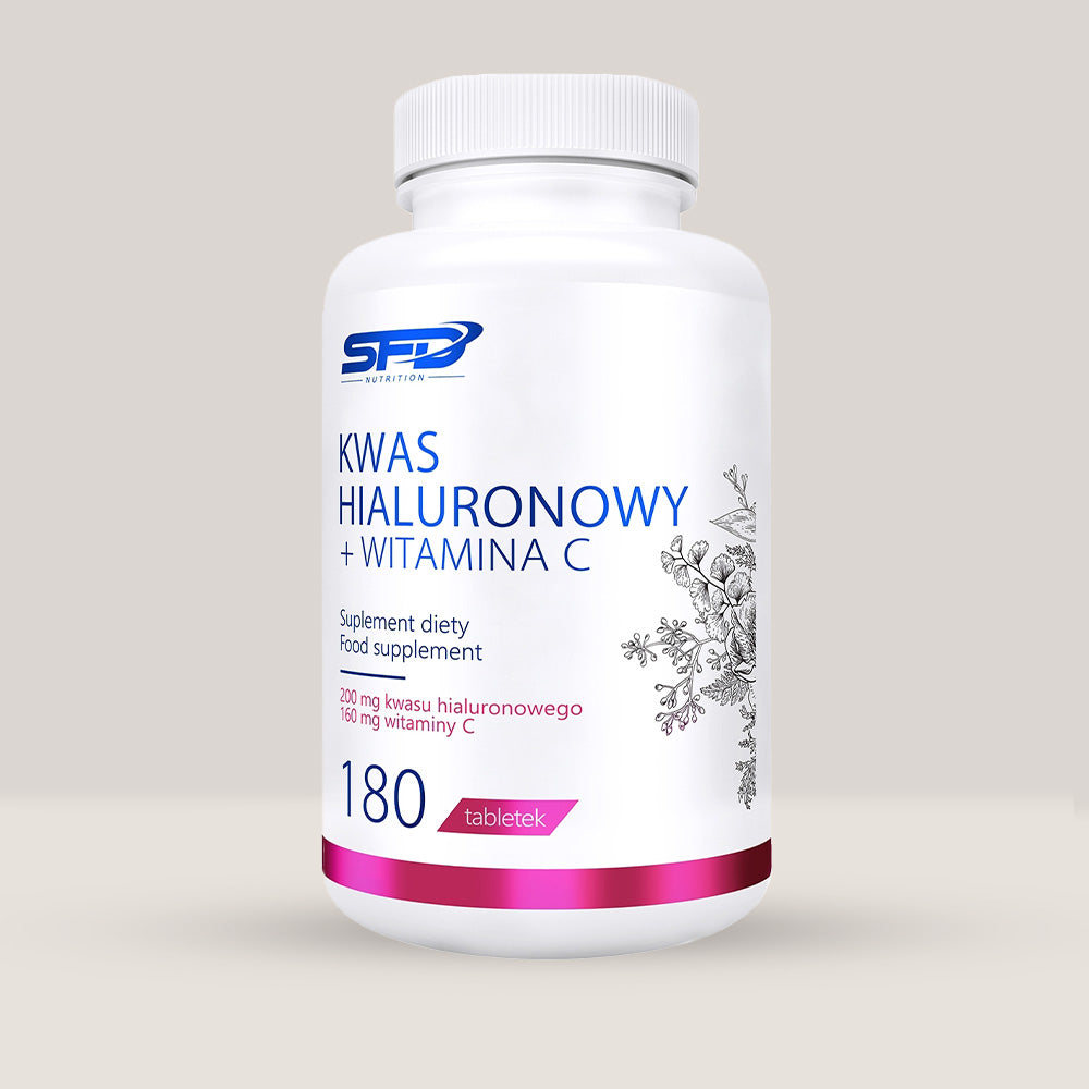 Imagine cu o cutie de SFD Hyaluronic Acid + Vitamin C (180 tablete) de la SFD Nutrition, un supliment cu acid hialuronic și vitamina C pentru hidratarea pielii.