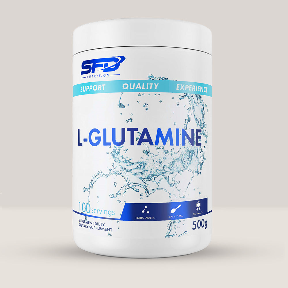 Imagine cu o cutie de SFD L-Glutamină (500g, 100 de serviri) de la SFD Nutrition, un supliment cu glutamină pură pentru recuperare musculară.