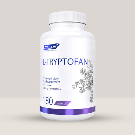 Imagine cu o cutie de SFD L-Tryptofan (180 tablete) de la SFD Nutrition, un supliment cu L-triptofan pentru un somn odihnitor și relaxare.