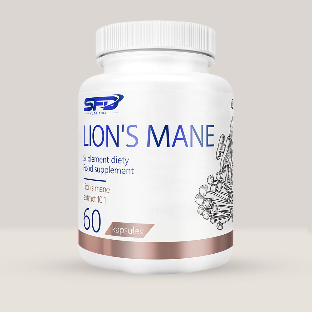 Imagine cu o cutie de SFD Lions Mane (60 capsule) de la SFD Nutrition, un supliment cu extract din ciuperca Coama Leului pentru funcția cognitivă.