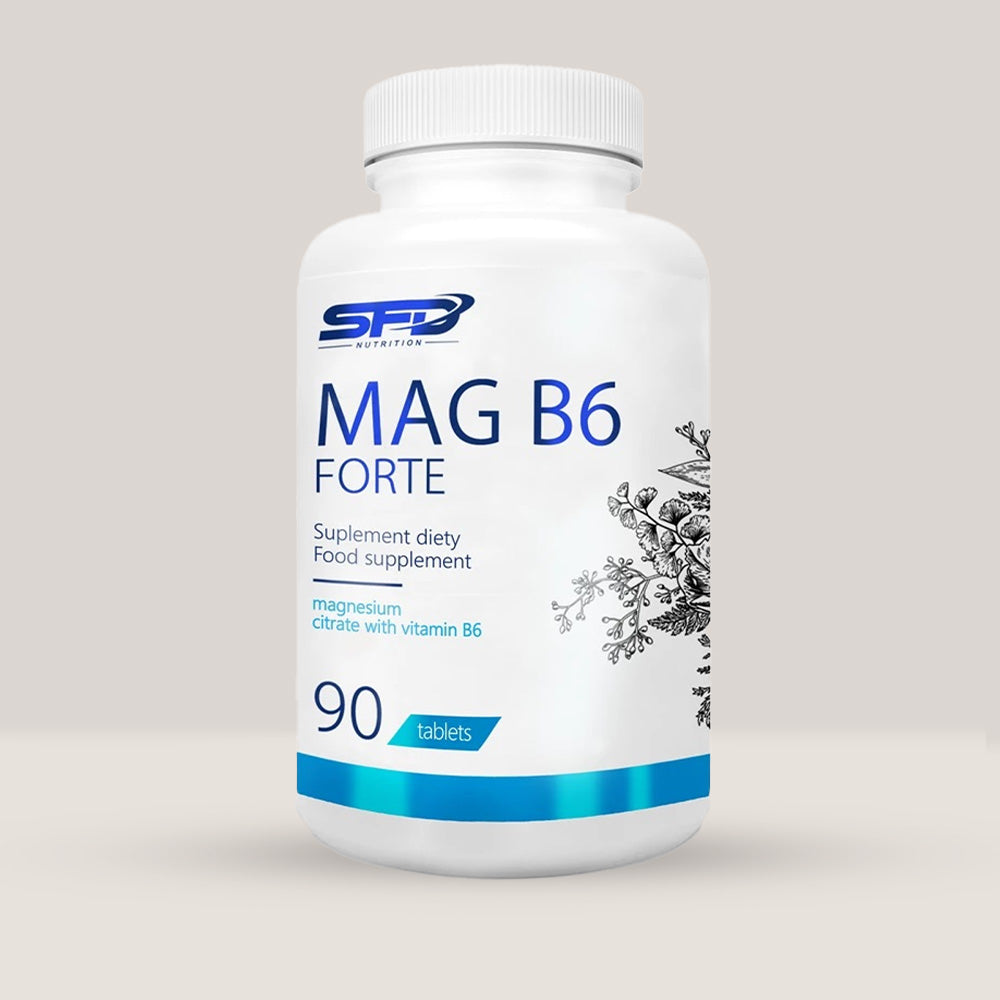 Imagine cu o cutie de SFD MAG B6 Forte (90 tablete) de la SFD Nutrition, un supliment cu magneziu și vitamina B6 pentru energie și funcționarea mușchilor.