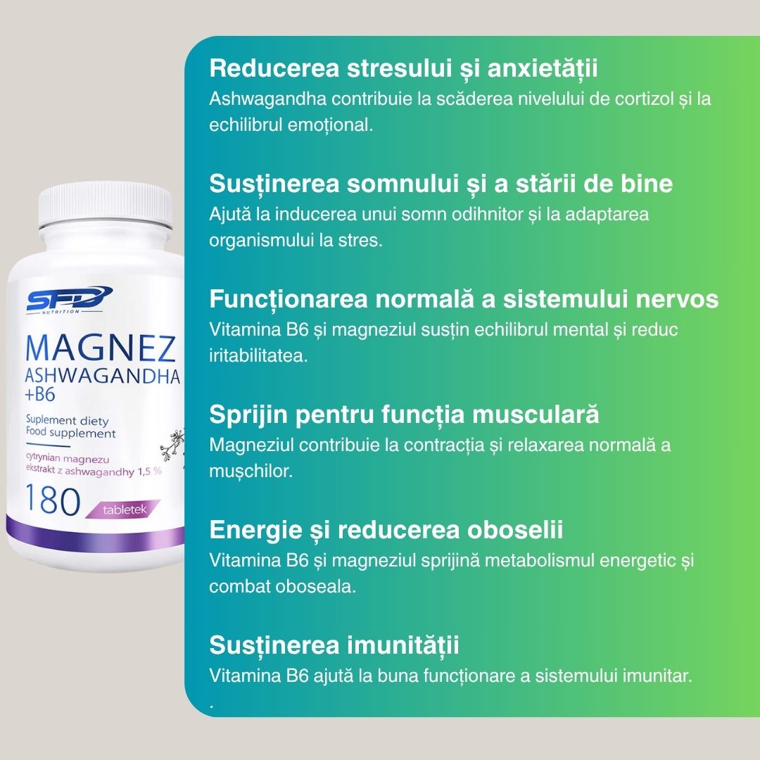 Magneziu, Ashwagandha și B6 pentru stres redus și claritate mentală. Performanță optimă cu SFD Nutrition.