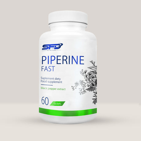 Imagine cu o cutie de SFD Piperine Fast (60 tablete) de la SFD Nutrition, un supliment cu extract de piper negru pentru accelerarea metabolismului.