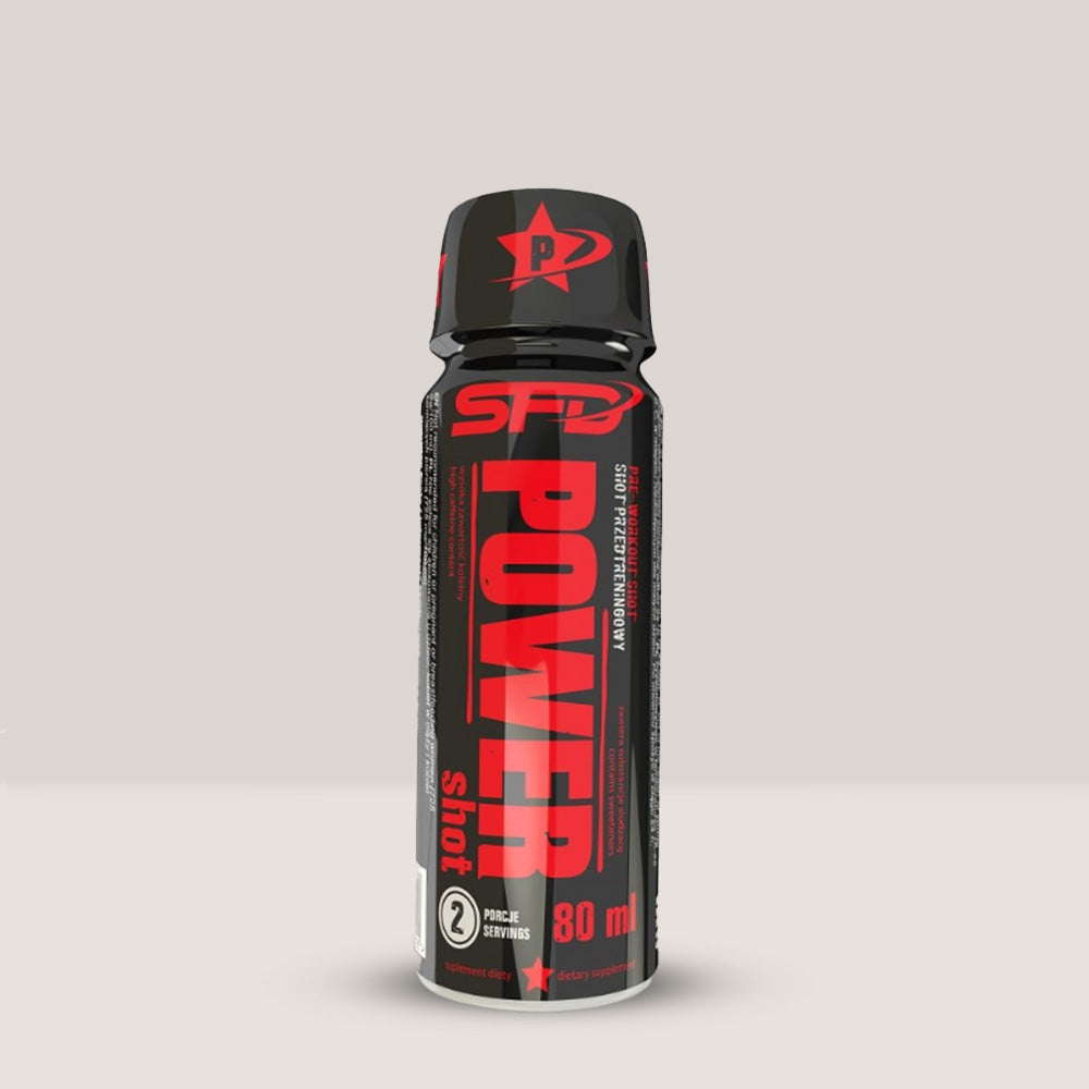 Imagine cu pachetul de 12 doze de POWER SHOT de la SFD NUTRITION, 80ml per doză.