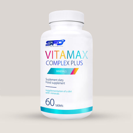 Imagine cu o cutie de SFD VITAMAX COMPLEX+ (60 tablete) de la SFD Nutrition, un complex complet de minerale pentru sănătate și vitalitate.
