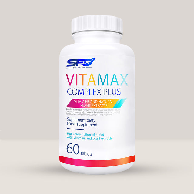Imagine cu o cutie de SFD VITAMAX COMPLEX+ (60 tablete) de la SFD Nutrition, un complex complet de vitamine și minerale pentru sănătate și vitalitate.
