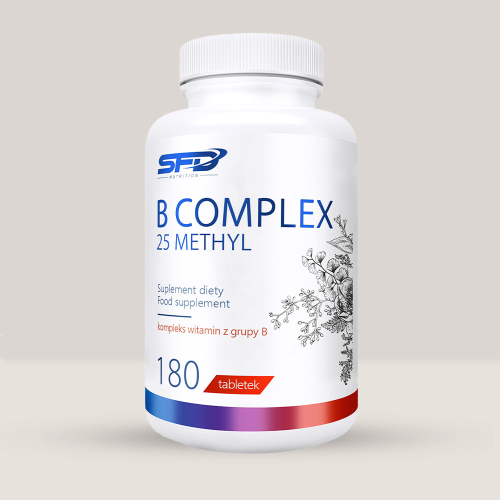 Imagine cu o cutie de SFD Vitamin B Complex (25 Methyl) (180 tablete) de la SFD Nutrition, un complex de vitamine B pentru energie și funcționarea sistemului nervos.