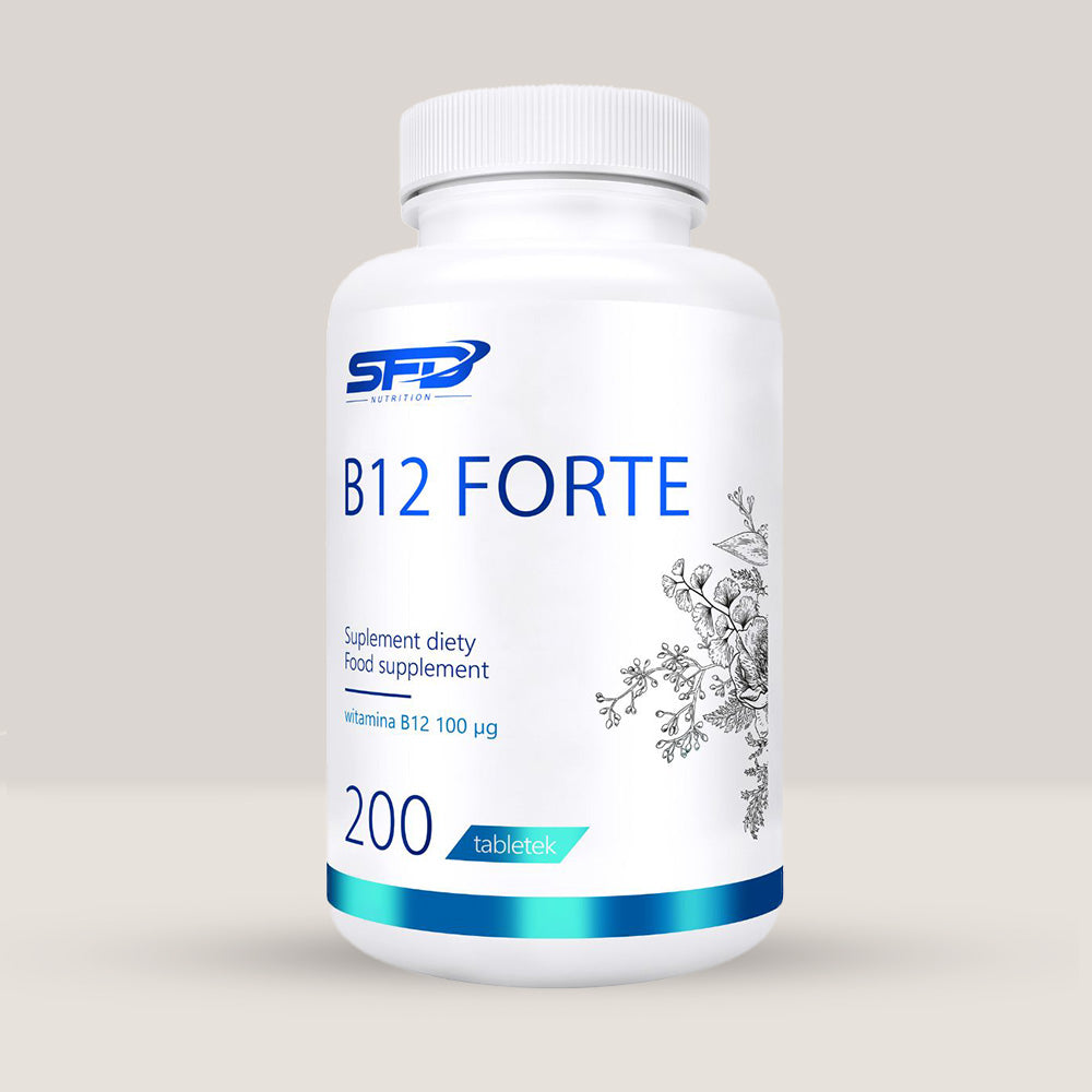 Imagine cu o cutie de SFD B12 Forte (200 tablete) de la SFD Nutrition, un supliment cu vitamina B12 pentru energie și funcționarea sistemului nervos.