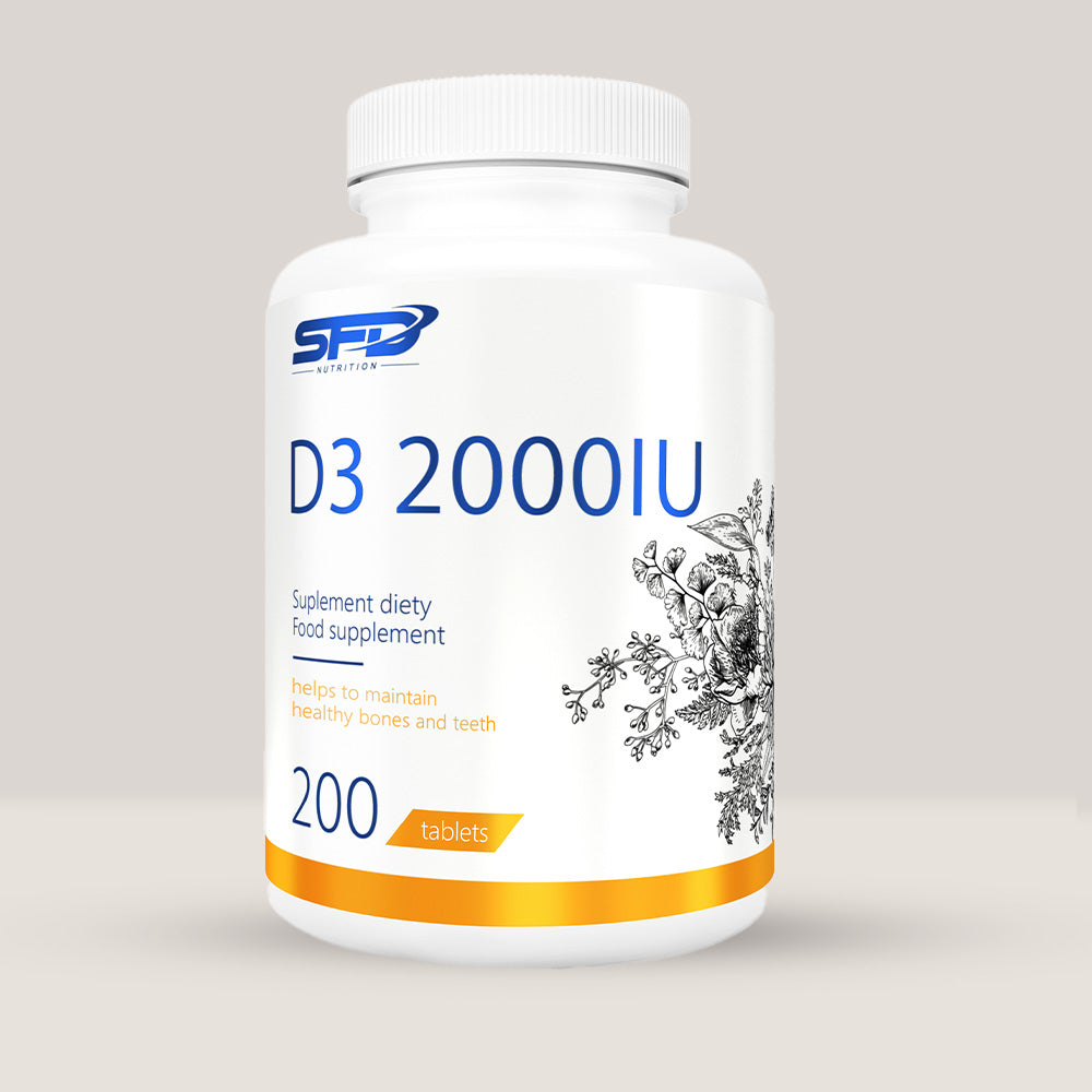 Imagine cu o cutie de SFD D3 2000 UI (200 tablete) de la SFD Nutrition, un supliment cu vitamina D3 pentru imunitate și sănătatea oaselor.