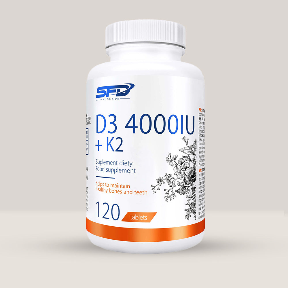 Imagine cu o cutie de SFD D3 4000 + K2 (120 tablete) de la SFD Nutrition, un supliment cu vitamina D3 și K2 pentru sănătatea oaselor și a sistemului imunitar.