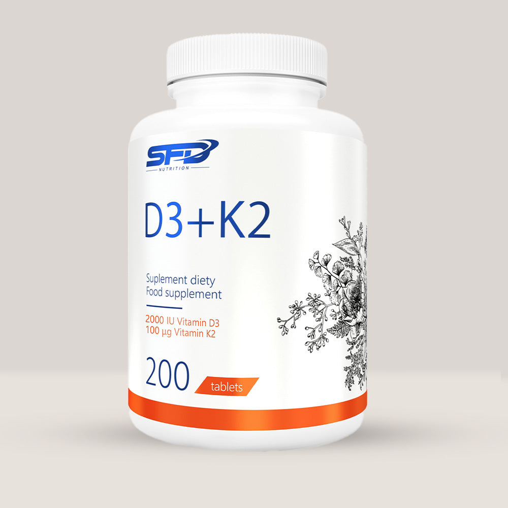 Imagine cu o cutie de SFD D3+K2 (200 tablete) de la SFD Nutrition, un supliment cu vitamina D3 și K2 pentru sănătatea oaselor și a sistemului imunitar.