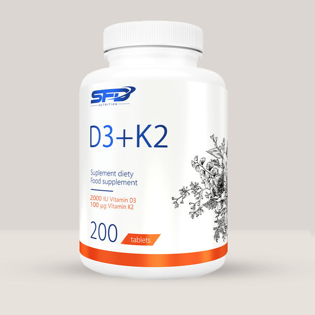 Imagine cu o cutie de SFD D3+K2 (200 tablete) de la SFD Nutrition, un supliment cu vitamina D3 și K2 pentru sănătatea oaselor și a sistemului imunitar.