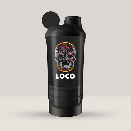 Shaker de 600ml pentru suplimente, marca LOCO, cu 3 compartimente.