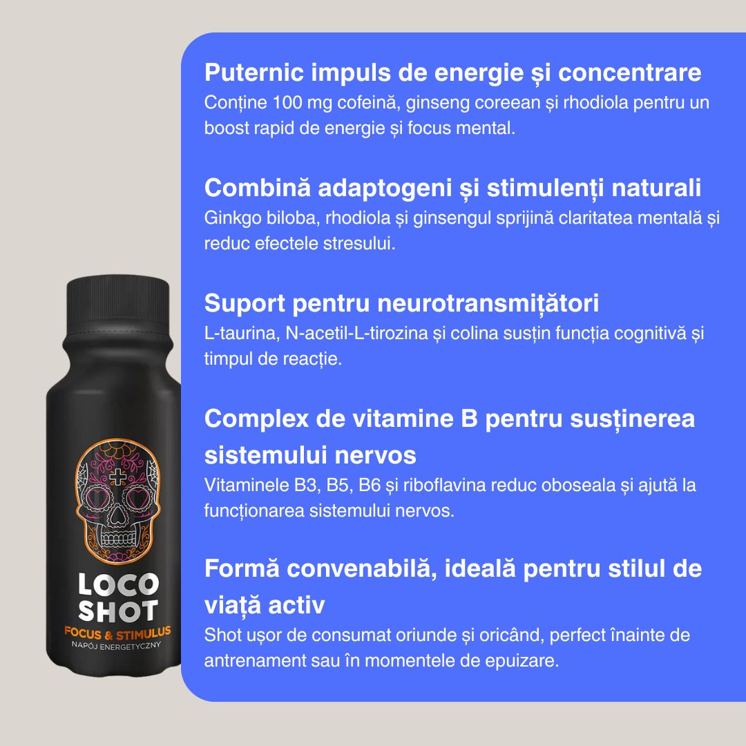 Claritate mentală și energie vibrantă cu LOCO Focus & Stimulus Shot. Performanțe de vârf garantate.