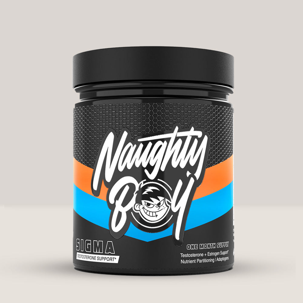 Cutie de SIGMA de la NaughtyBoy, pachet complet cu 30 de plicuri pentru sănătatea masculină și suport hormonal.