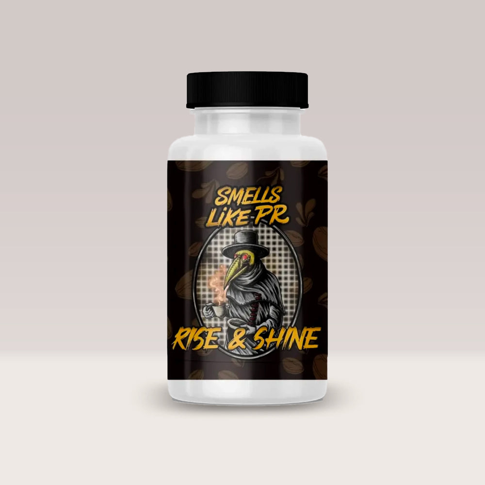 Recipient de săruri cu amoniac Rise & Shine de la Smells Like PR, cu aromă energizantă de cafea, flacon de 60g.