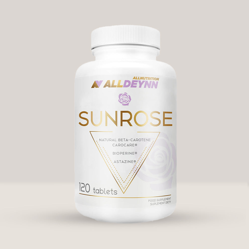 Flacon de Sunrose de la Alldeynn, supliment pentru bronz și protecție solară, cu 120 de tablete.