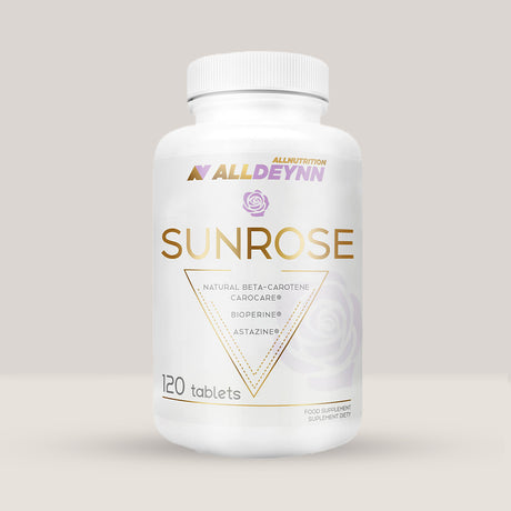 Flacon de Sunrose de la Alldeynn, supliment pentru bronz și protecție solară, cu 120 de tablete.