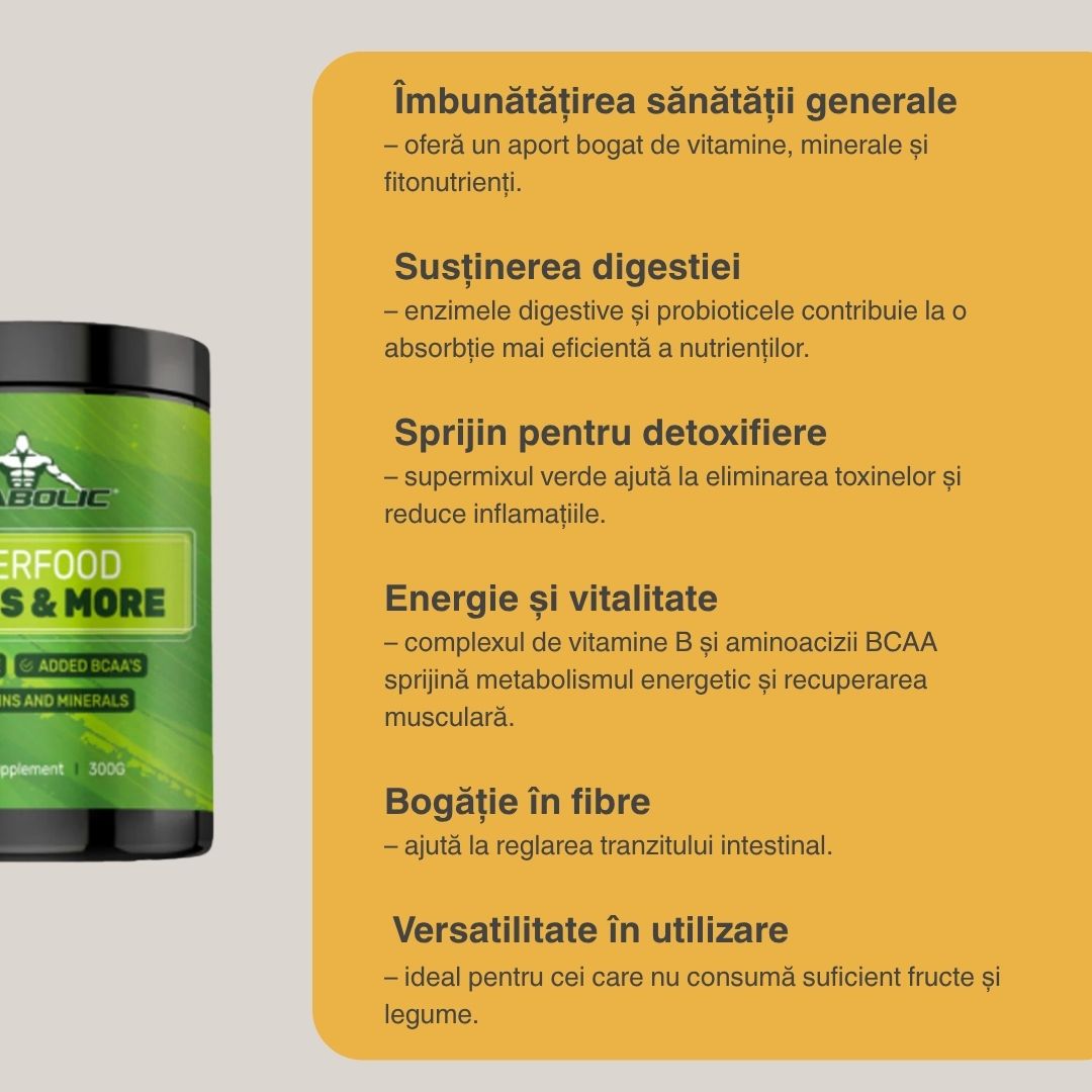 Energie naturală și digestie optimă cu Superfood Greens & More de la Vitabolic.