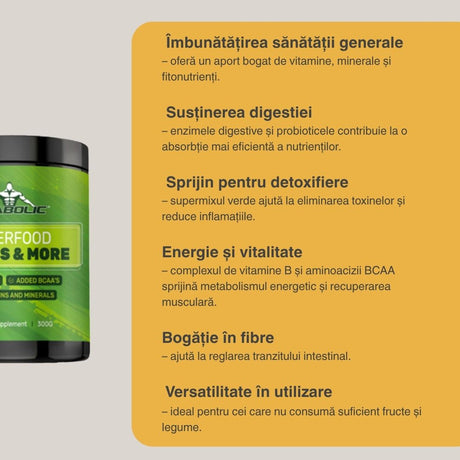 Energie naturală și digestie optimă cu Superfood Greens & More de la Vitabolic.