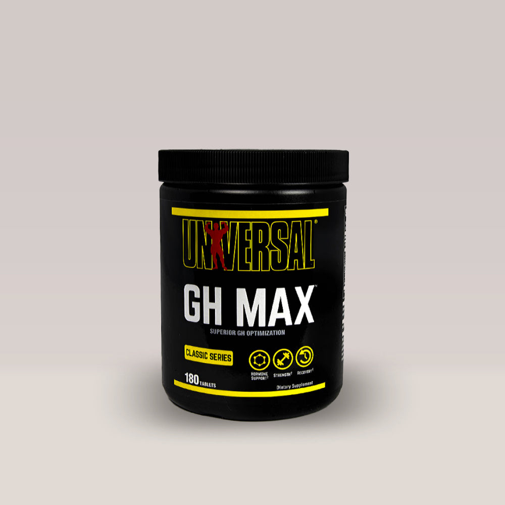 Recipient de Universal Nutrition GH Max, un supliment cu 180 de tablete pentru suportul natural al hormonului de creștere.