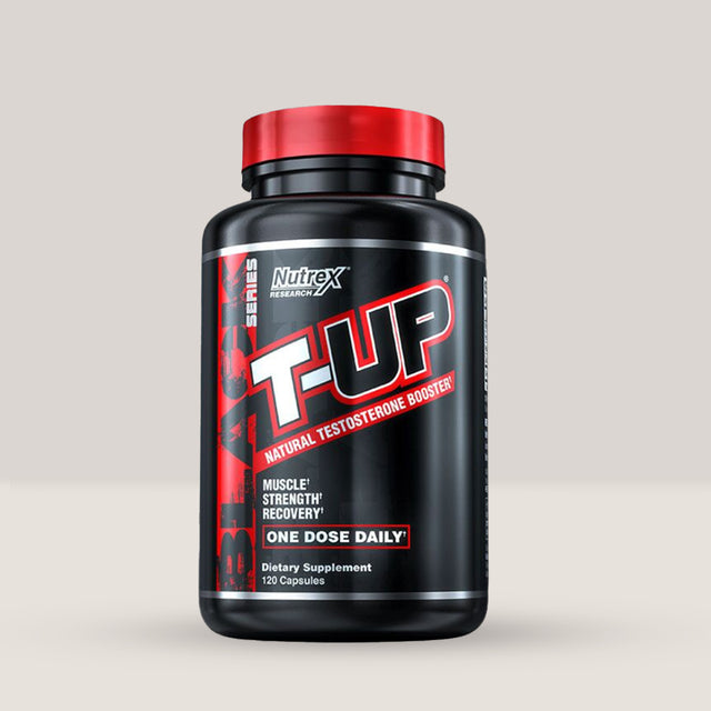 Flacon de T-Up Natural Testosteron Booster de la NUTREX, supliment pentru stimularea naturală a testosteronului, recipient cu 120 de capsule.