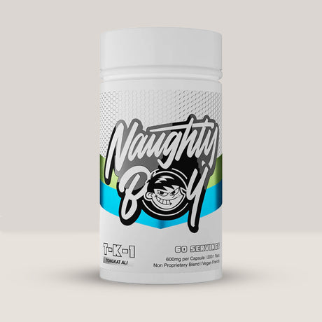 Flacon de T-K-1 de la NaughtyBoy, supliment cu extract de Tongkat Ali 200:1 pentru vitalitate, 60 de capsule.