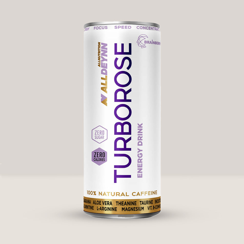 Doză de Turborose Energy Drink de la Alldeynn, băutură energizantă fără zahăr pentru energie și focus, 330ml.